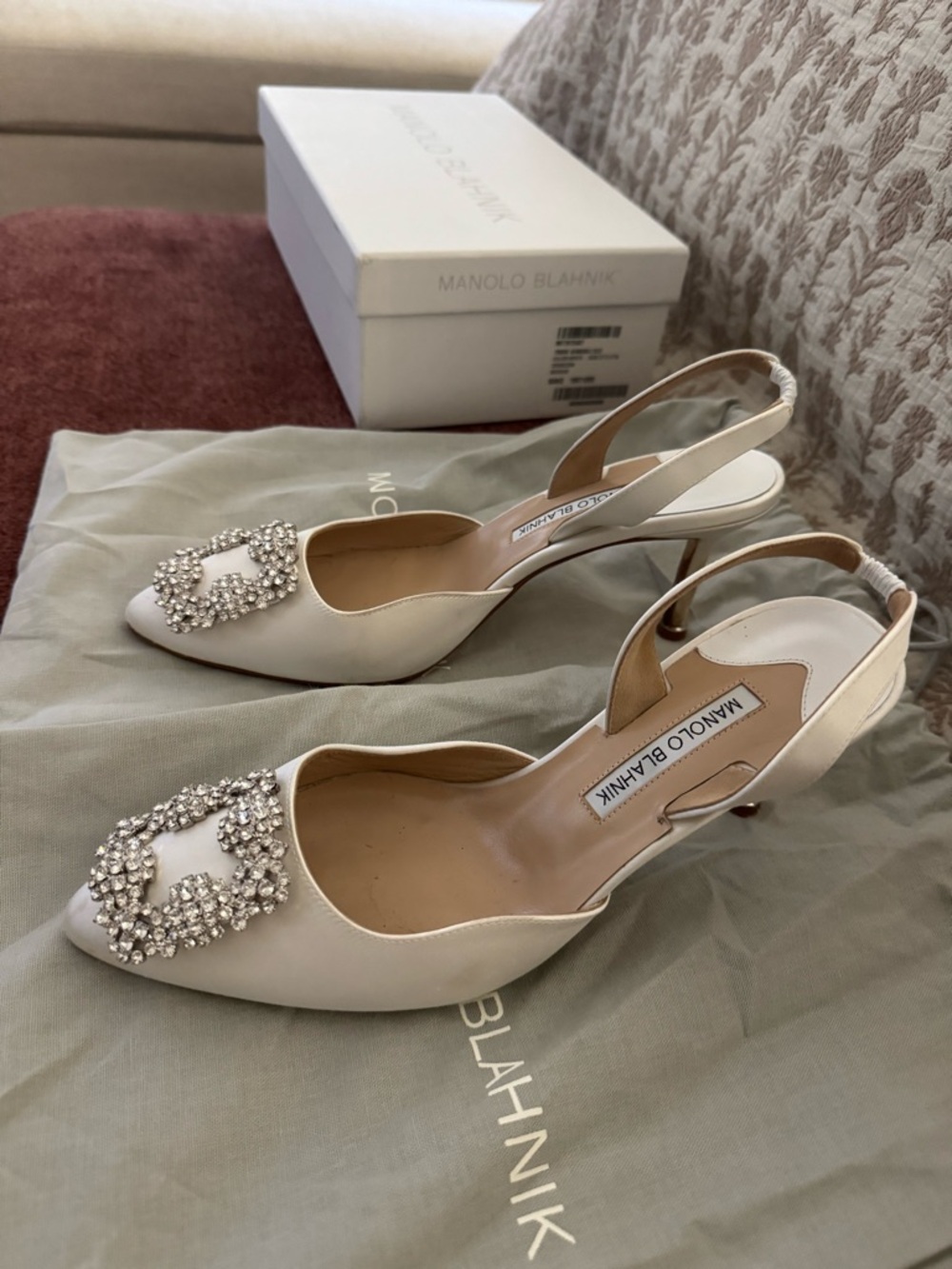 Manolo Blahnik White Satin Crystal-Embellished Slingback Pumps - Picture 2 of 13